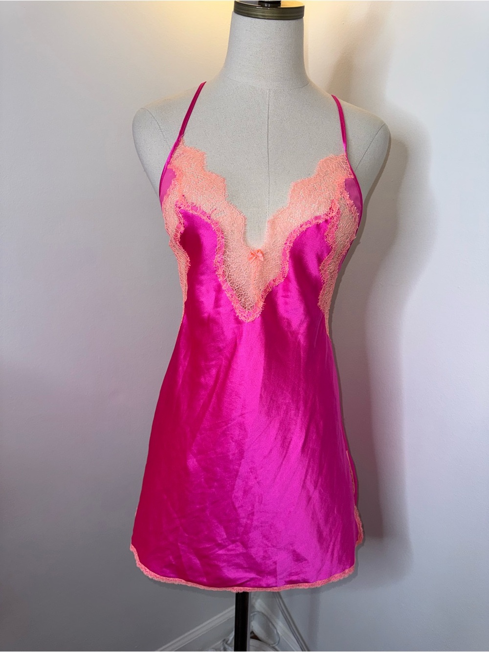 Victoria’s Secret Small Hot Pink Silky Lace Nightgown BabyDoll Lingerie Dress